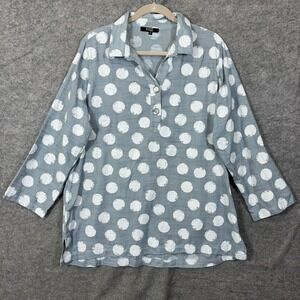 LIOR PARIS Tunic Blouse Womens XL Blue Gray Circle Print Roll Tab Sleeve